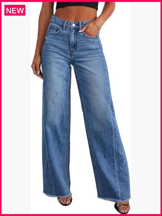 Denim - High Waisted Wide Leg Jeans Stretchy Raw Hem Denim Pants